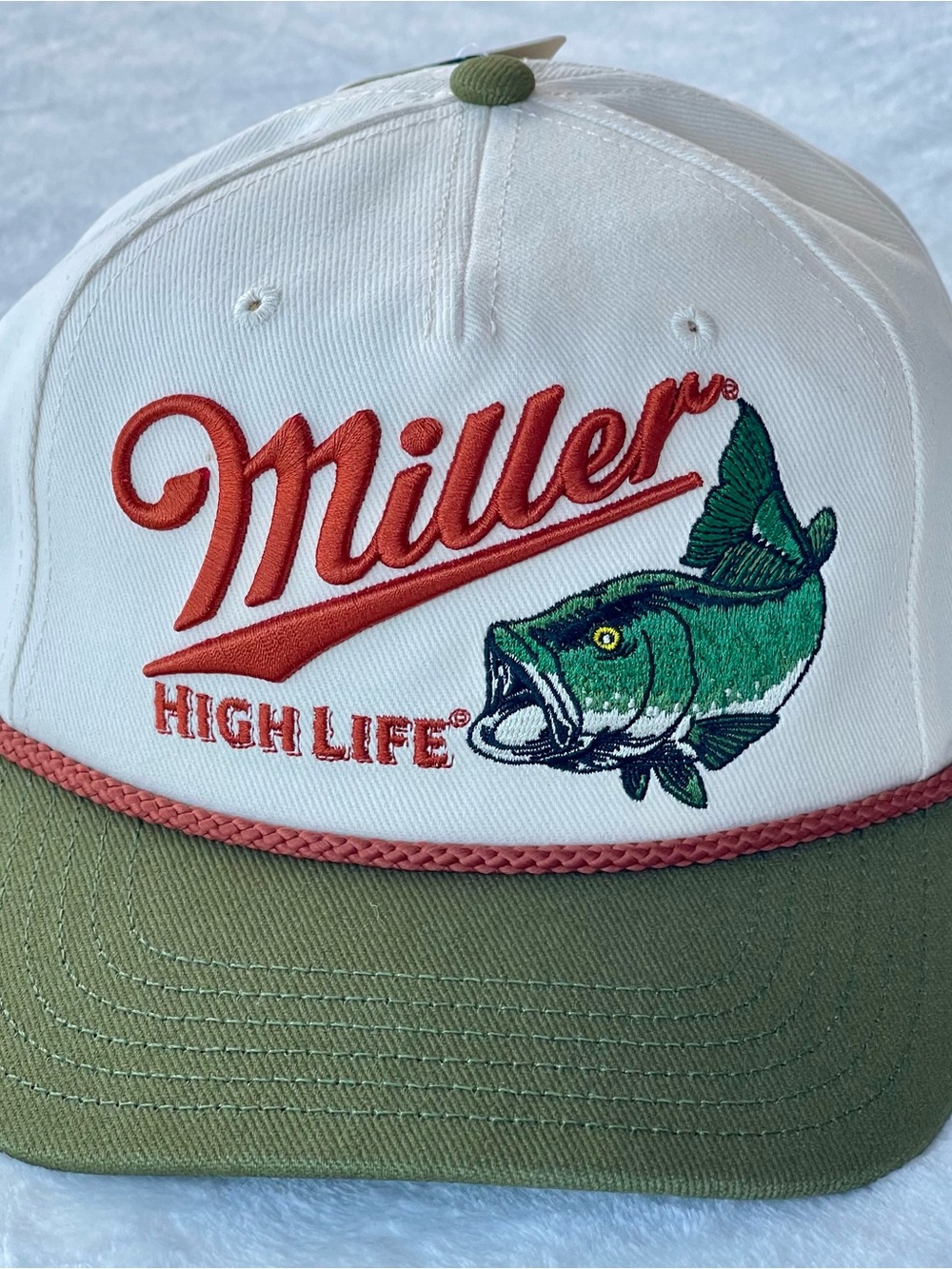 Miller High Life Bass Fishing Snapback Hat Cream Green Vintage Style Rope Hat